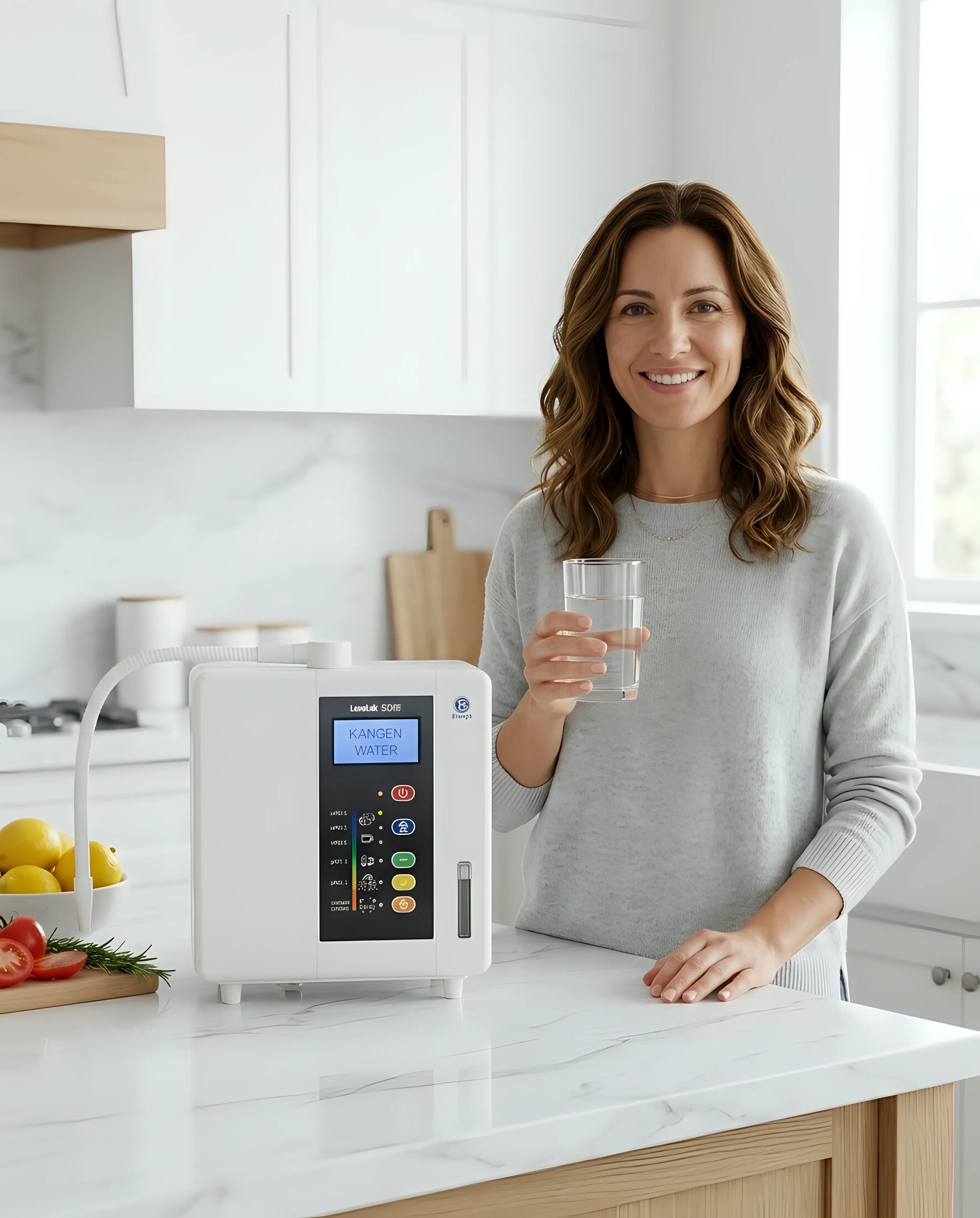 Mujer con una máquina Kangen K8 en su cocina